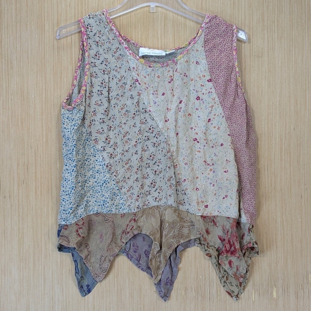 Sacred Threads Women Boho Indie Cottage Patchwork Floral Paisley Tank Top Size L